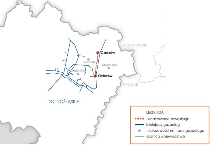 Trasa gazociągu Czeszów–Kiełczów. Źródło: Gaz-System